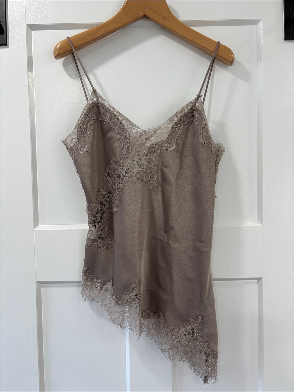 Zara Lace Trim Satin Asymmetrical Camisole Top in Taupe Grey Size XS